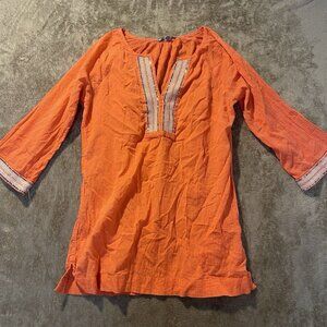 Athleta Shirt Womens Sz Small Orange Tunic Three Quarter Sleeve Cotton Embellish